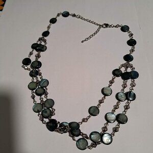 3 strand blue grey circle flat beaded necklace with metal chain and clasp